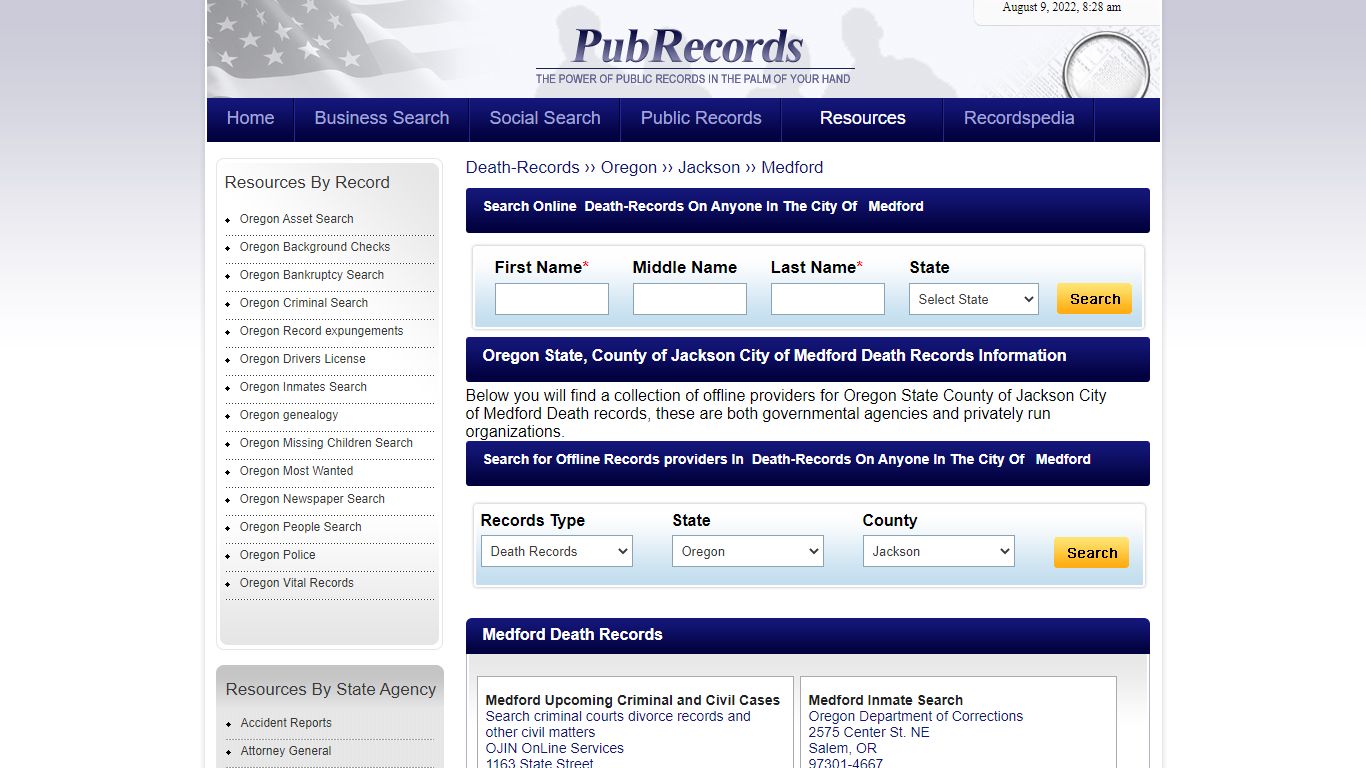 Medford, Jackson County, Oregon Death Records