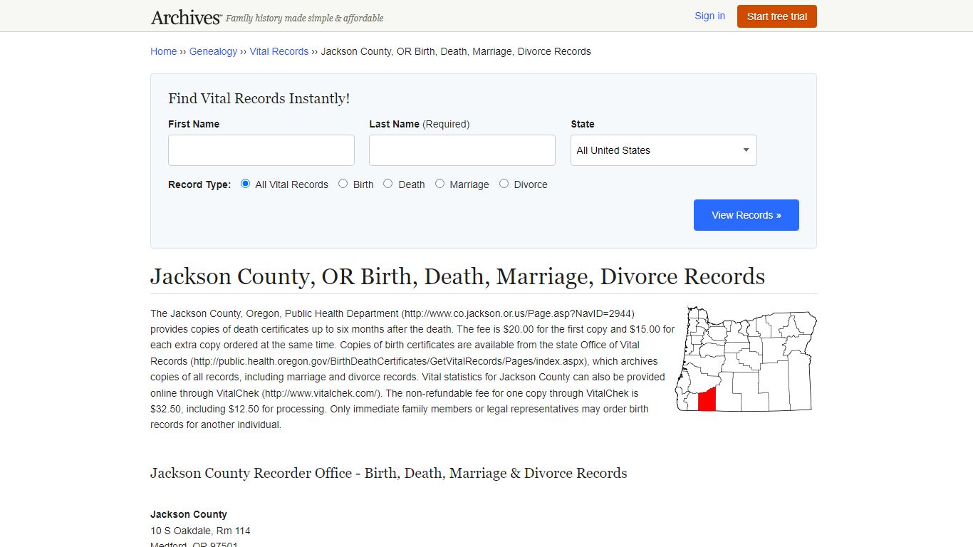 Jackson County, OR Birth, Death, Marriage, Divorce Records