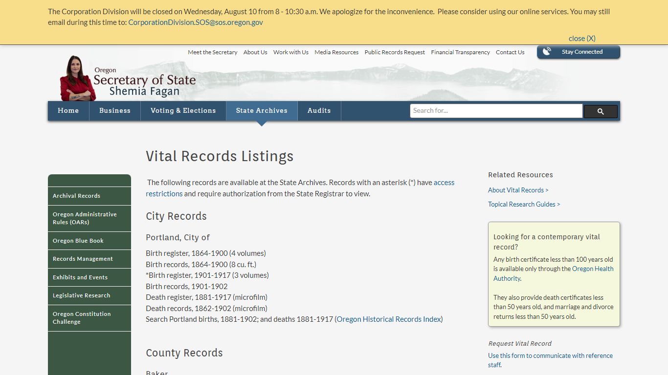 State of Oregon: State Archives - Vital Records Listings